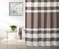 Tan & White Embossed Waffle Striped Shower Curtain
