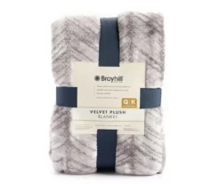 Gray & White Herringbone Twin/Full Plush Velvet Blanket -Broyhill Shop 810609052 810609051 A0