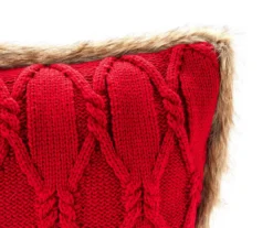 Red Cable-Knit Faux Fur-Trim Throw Pillow -Broyhill Shop 810617278 A8 1